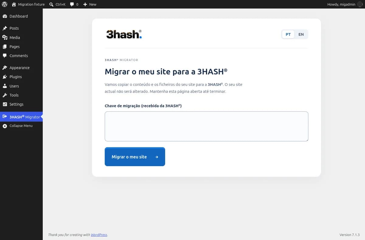 Formulário real do plugin com o campo para a chave e o botão Migrar o meu site.