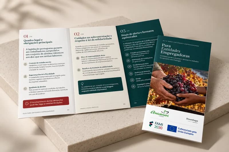 Mockup do folheto em tríptico «Guia para Entidades Empregadoras» do Município de Armamar, design gráfico da 3HASH