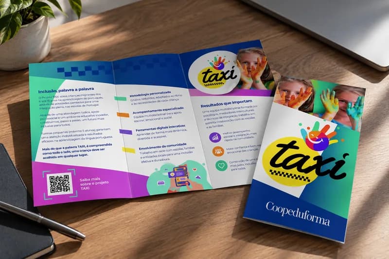 Mockup do folheto em tríptico do Projeto TAXI da Coopeduforma, design gráfico da 3HASH