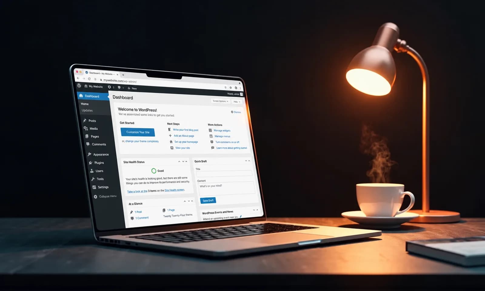 Painel de administração do WordPress aberto num portátil, com o site já no ar