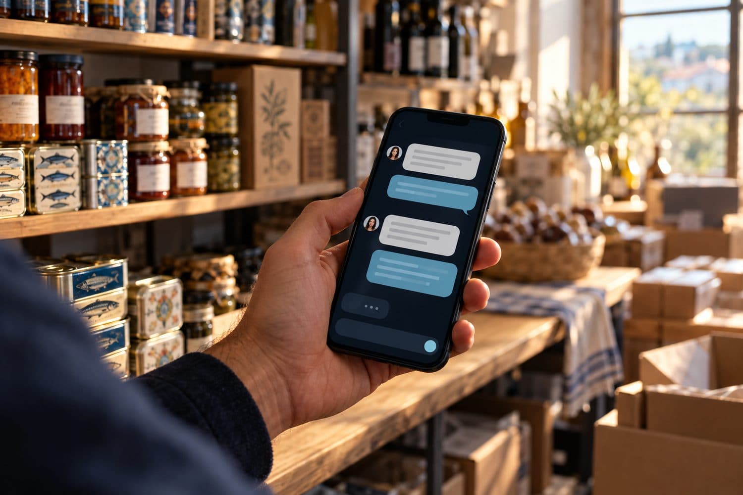 Telemóvel com uma conversa com o assistente de um fornecedor alimentar, com prateleiras ao fundo