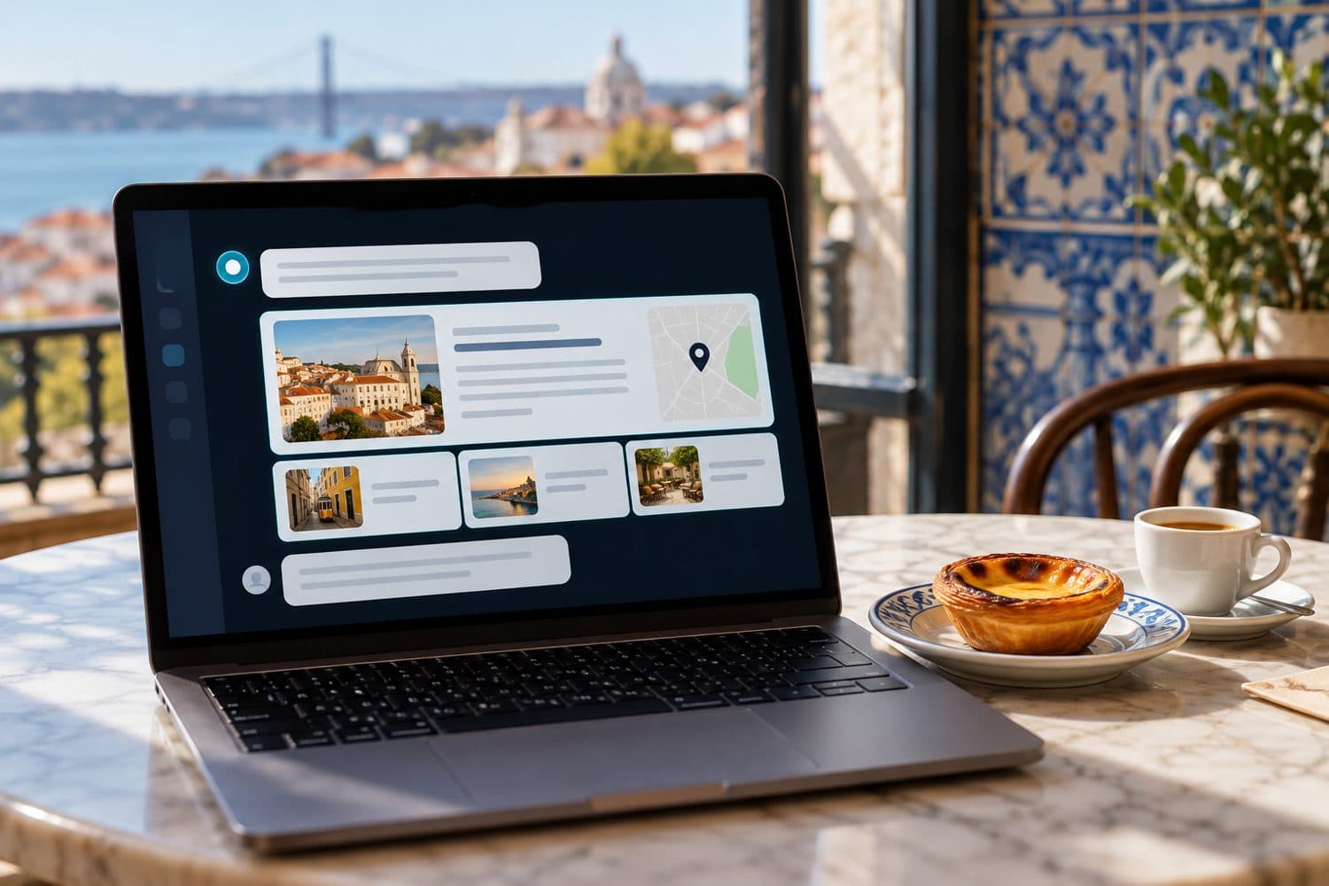 Portátil numa mesa de café com uma resposta de assistente de IA e um pastel de nata ao lado