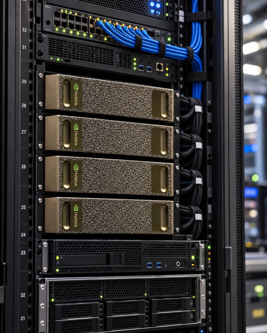 Bastidor com as unidades de inteligência artificial NVIDIA da 3HASH, ligadas à rede