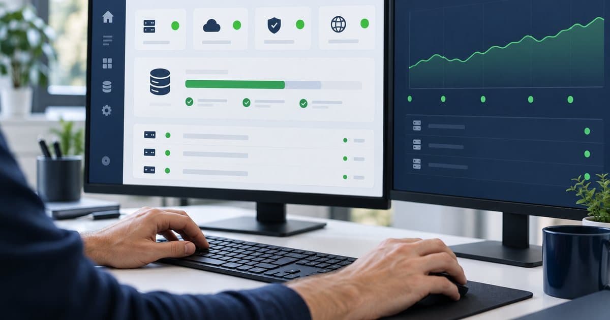 Técnico a acompanhar o estado de um site, com indicadores verdes e uma cópia de segurança em curso