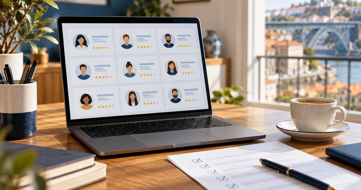 Secretária com portátil a mostrar perfis de empresas com estrelas e uma lista de verificação impressa