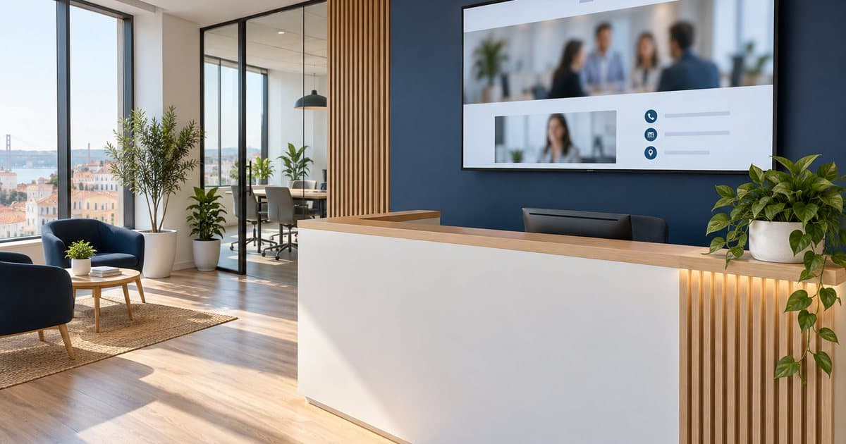 Receção de uma empresa com um ecrã grande a mostrar o site institucional